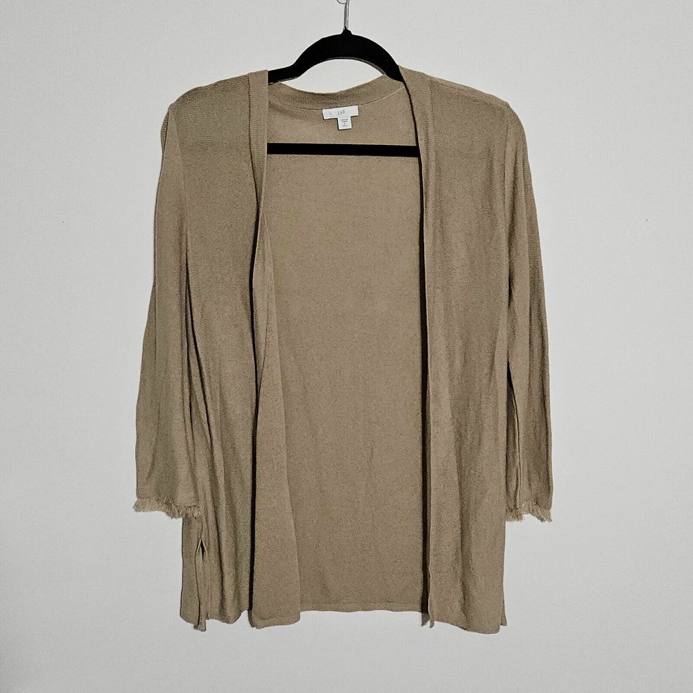 J Jill Cardigan Petite‎ Sz S Tan Linen Blend Open Front Knit Sweater Longsleeve